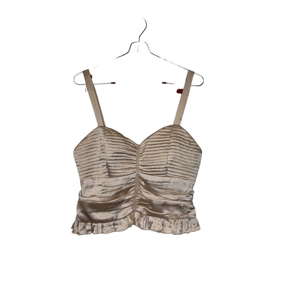 B.O.G. Collective Women Top Crop Sexy Ruffle Satin‎ Smocked Corset Tan Large NWT